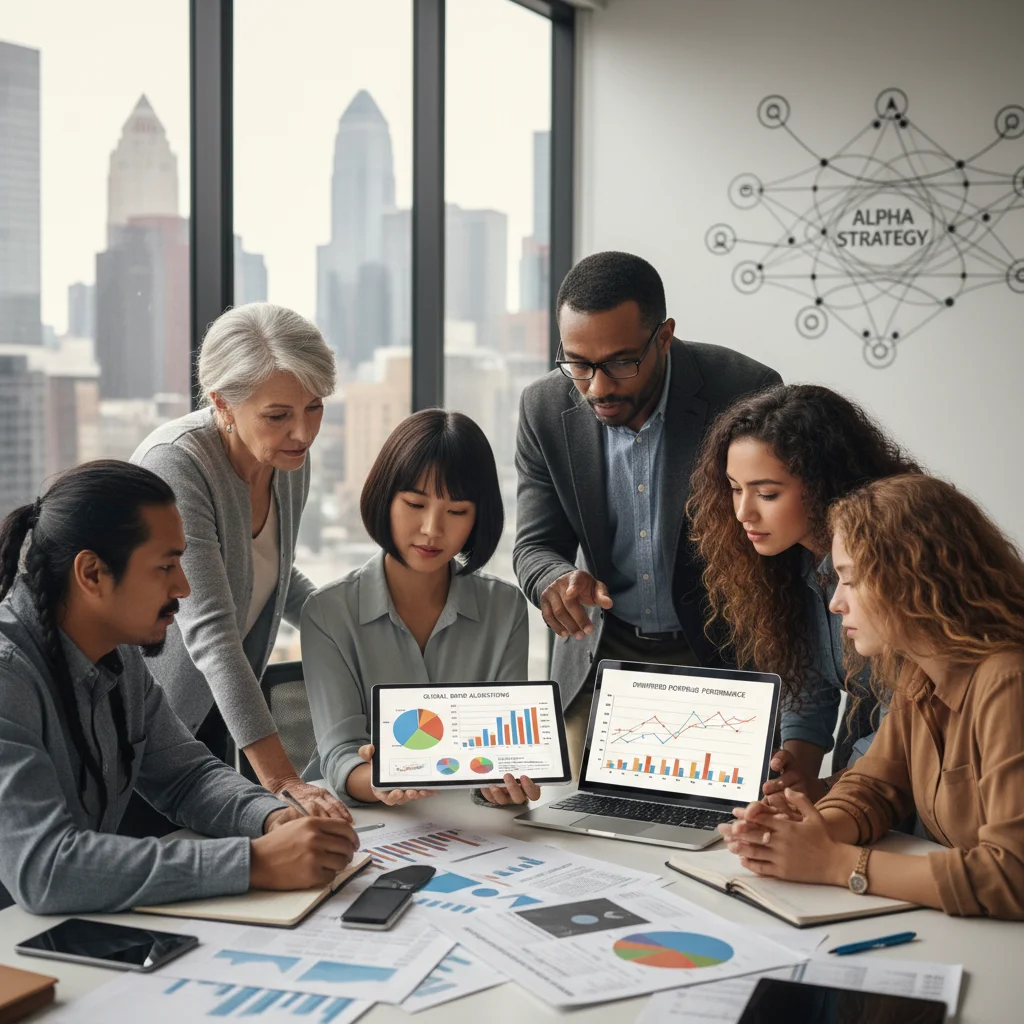 Diverse investors analyzing diversified bond portfolio data