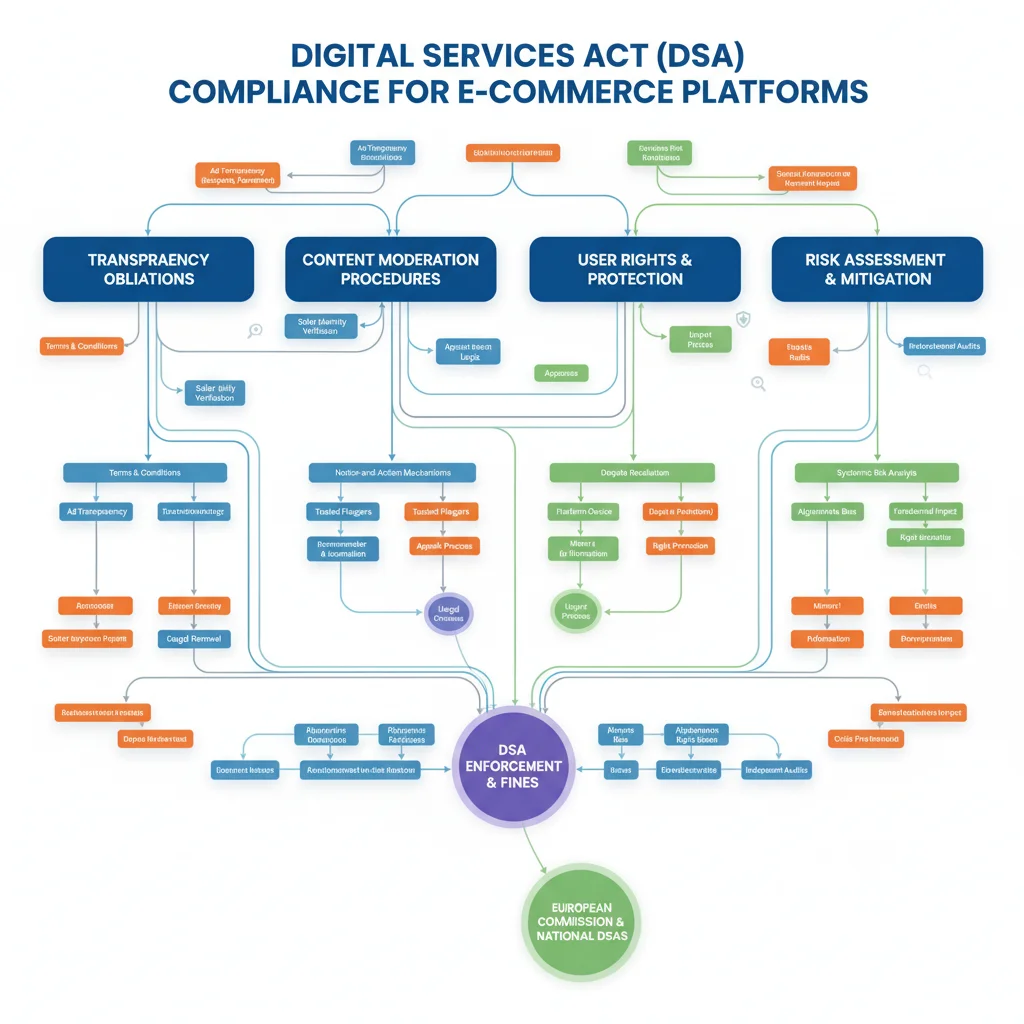 Flowchart detailing Digital Services Act compliance requirements for online businesses.