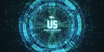 Futuristic digital network with cybersecurity shields protecting US tech infrastructure.