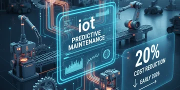 Industrial machinery connected by IoT sensors, displaying data analytics for predictive maintenance, signifying cost reduction.