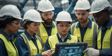 Workers reviewing OSHA 2026 safety standards on a tablet in an industrial setting