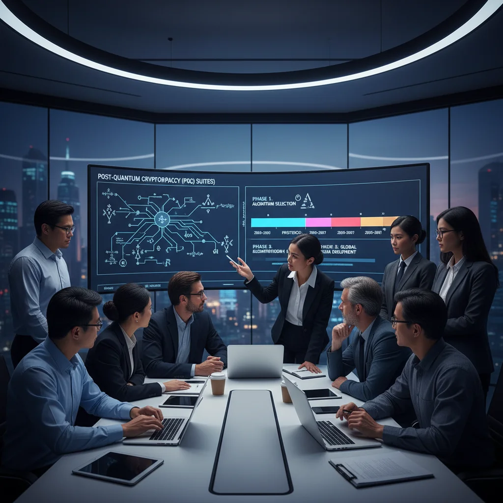 Cybersecurity team collaborating on post-quantum cryptography migration strategy.