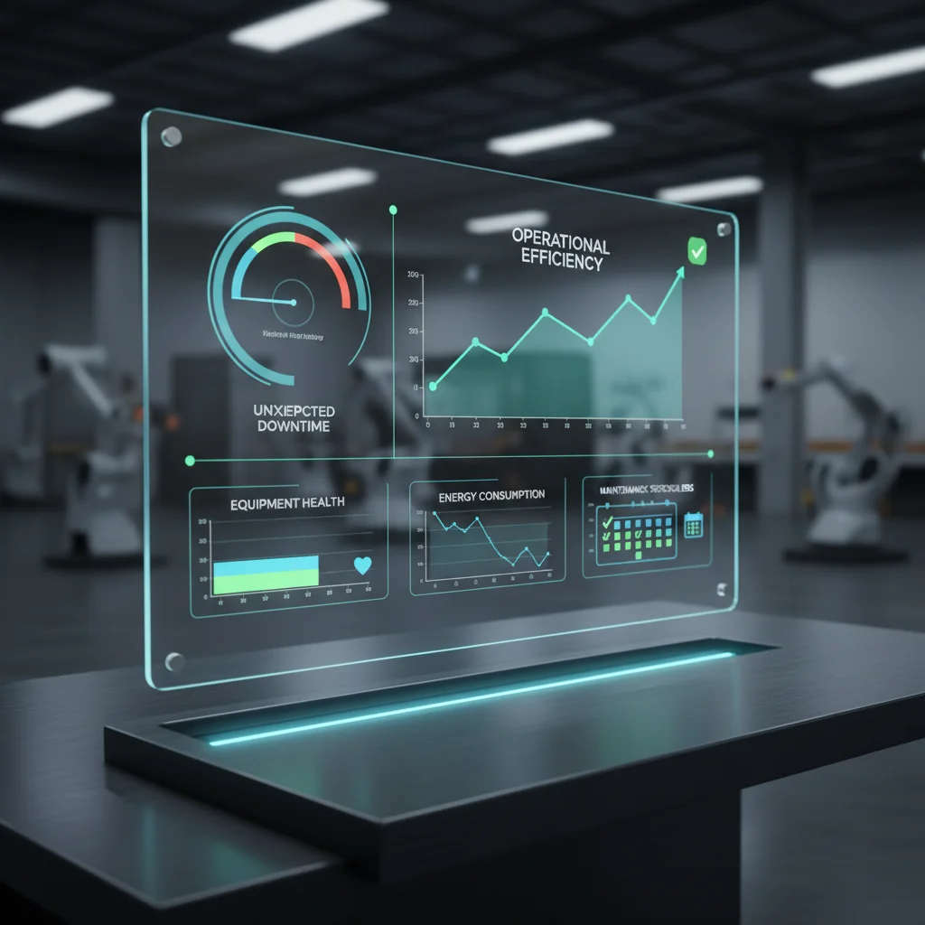 Predictive maintenance dashboard showing real-time equipment health, efficiency gains, and reduced downtime metrics.
