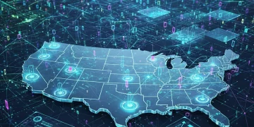 Quantum computing network overlaying a map of the United States, representing business impact.