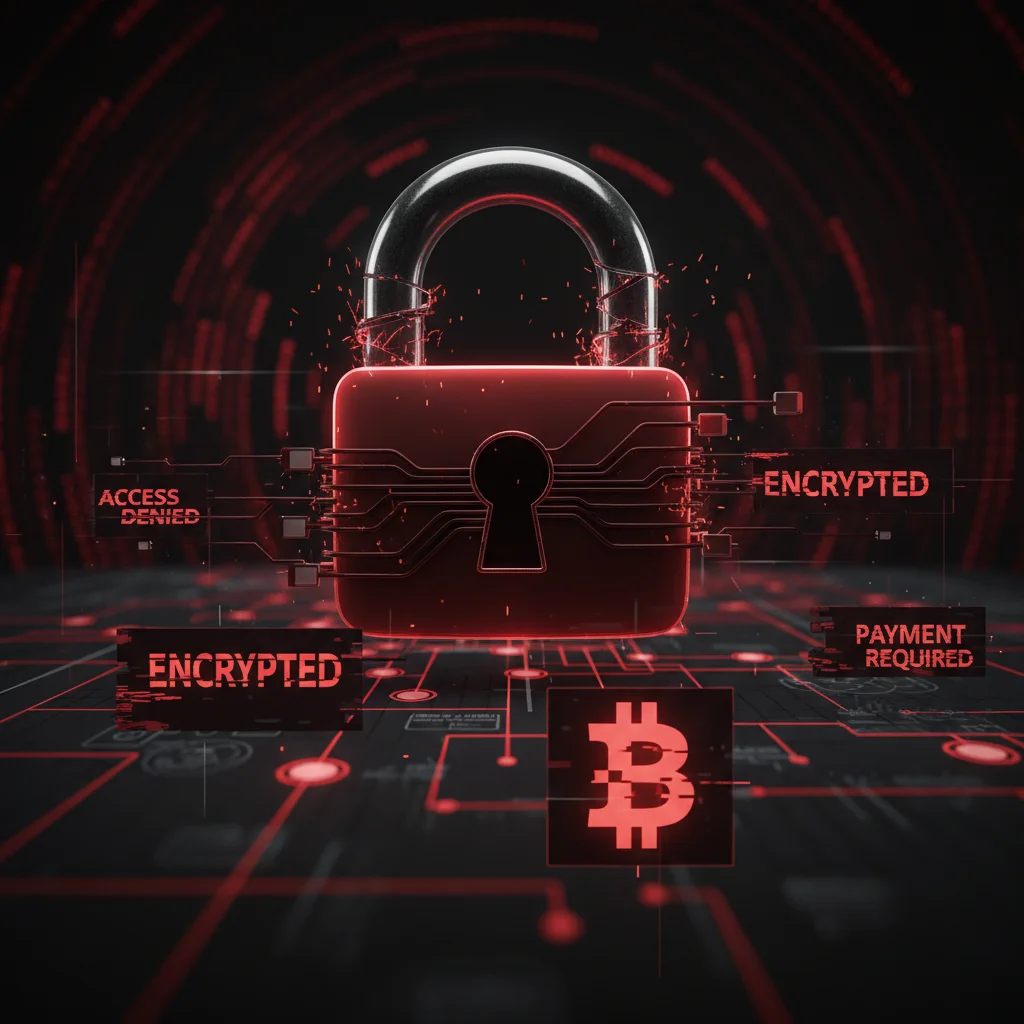 Digital padlock symbolizing ransomware attack on corporate network.