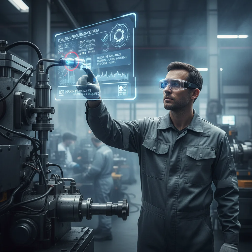 Factory technician using augmented reality to monitor machine performance and predict maintenance needs with IoT data.