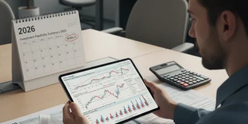 Financial expert analyzing 2026 tax law changes on a tablet with charts and documents.