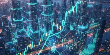 Futuristic cityscape with data streams and investment charts representing AI growth.