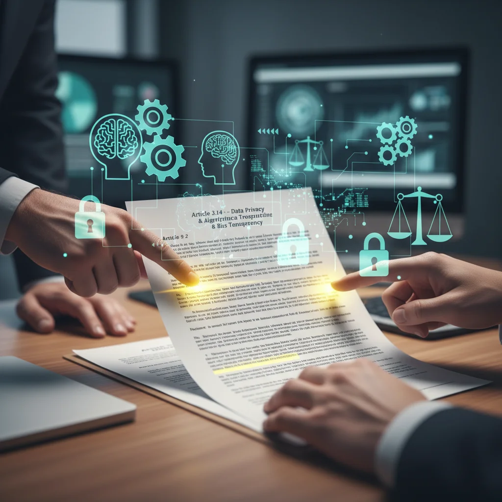 Legal document with AI and data symbols, illustrating regulatory compliance