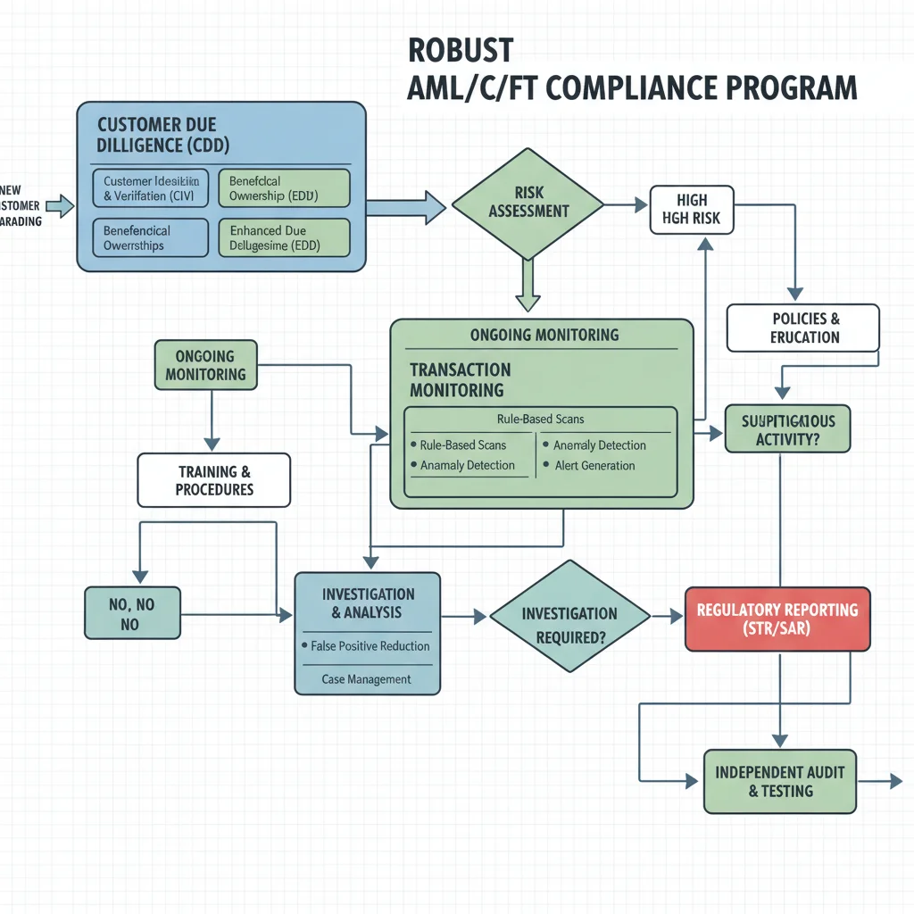 Complex flowchart of AML CFT compliance program steps and data flow.