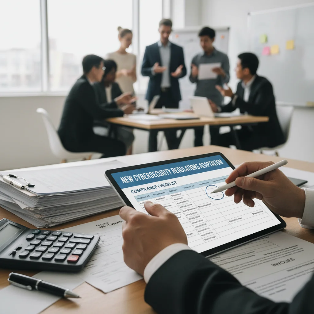 Person reviewing cybersecurity compliance checklist, calculating financial impact of new regulations for small business.