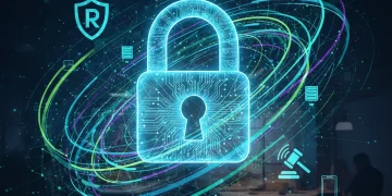Digital padlock with global regulatory symbols, representing cybersecurity regulations for small and medium businesses by 2026.