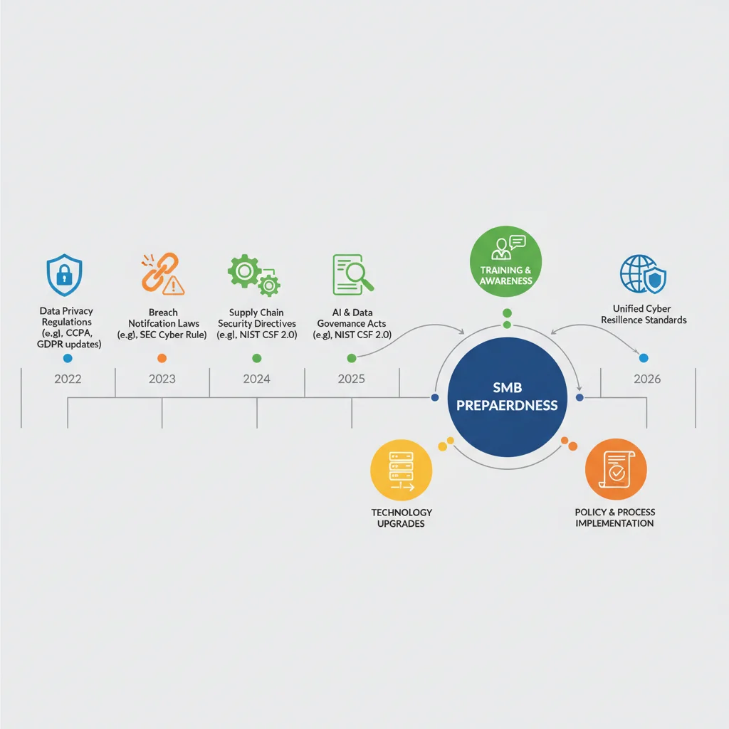 Infographic showing a timeline of cybersecurity regulatory milestones leading to 2026, with icons for data privacy and breach notification.