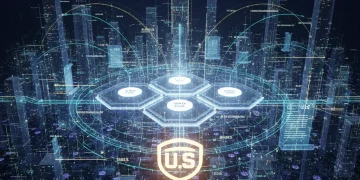 Futuristic cityscape with data streams symbolizing DAO regulation
