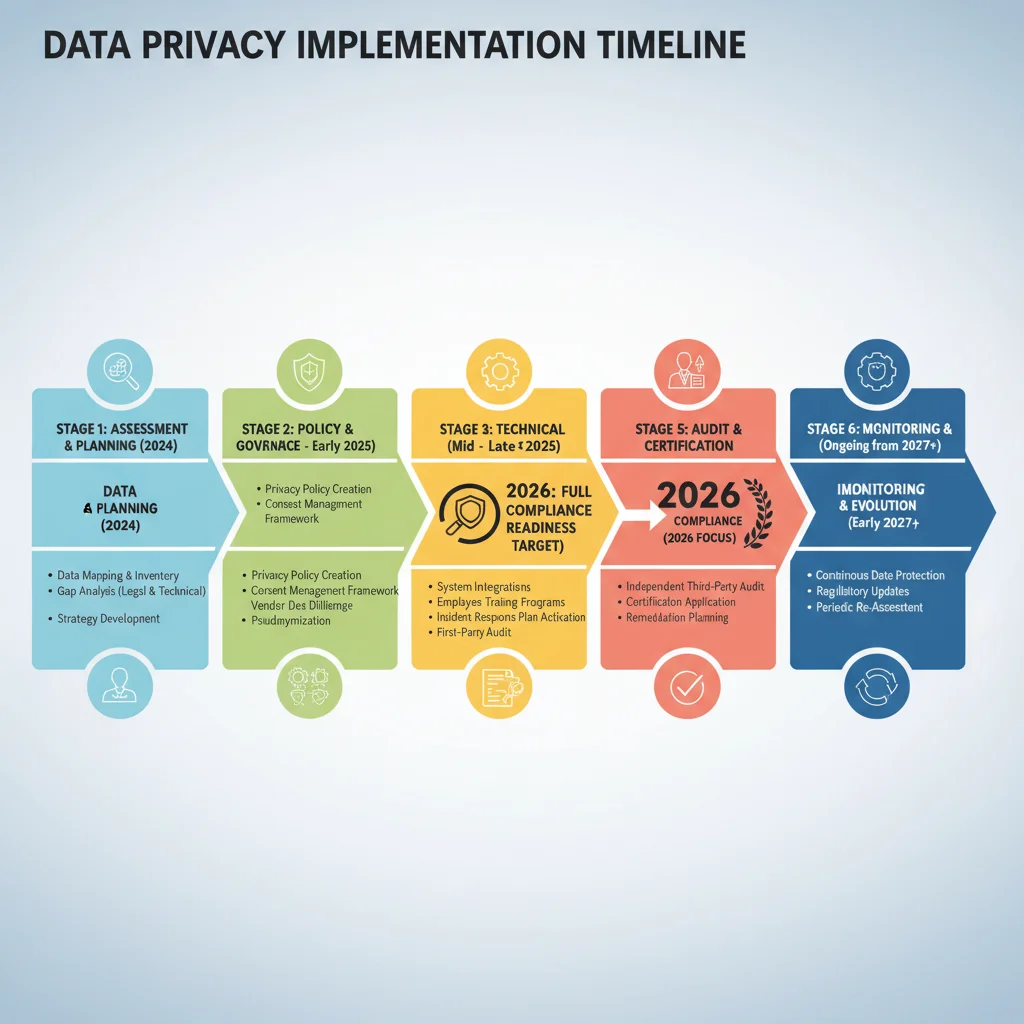 Data privacy compliance roadmap timeline with 2026 milestone highlighted