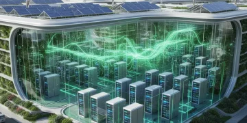 Eco-friendly data center with solar panels and wind turbines, symbolizing sustainable energy practices and efficiency.
