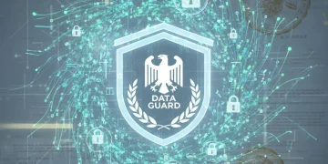 Digital data flow protected by a shield, symbolizing federal data privacy compliance