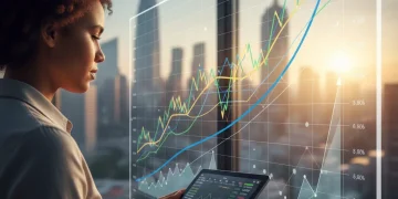 Financial charts showing upward trends with a person analyzing investment data on a tablet.