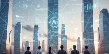 Futuristic cityscape with data overlays and business professionals contemplating AI regulations