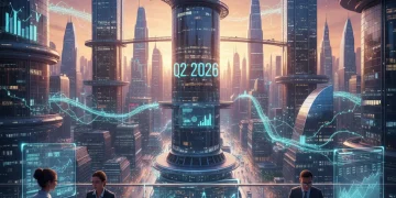 Futuristic cityscape with digital financial data illustrating venture capital trends in US tech startups for Q2 2026.