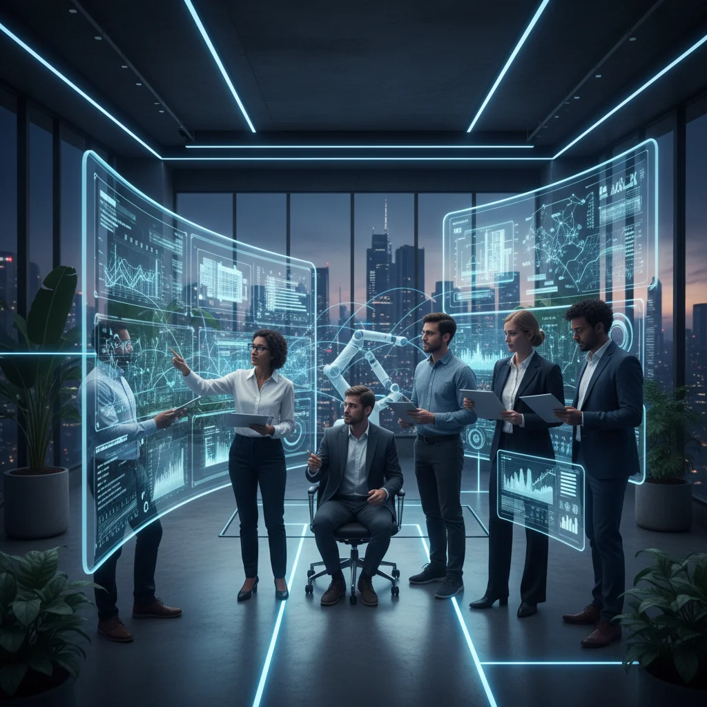 Professionals collaborating using AI technology in a modern office.