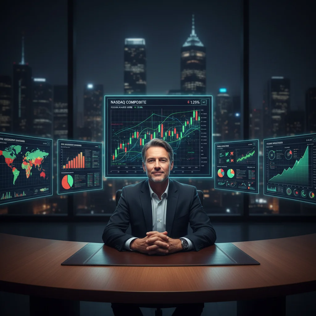 Calm investor using risk assessment tools and market data for informed portfolio decisions.