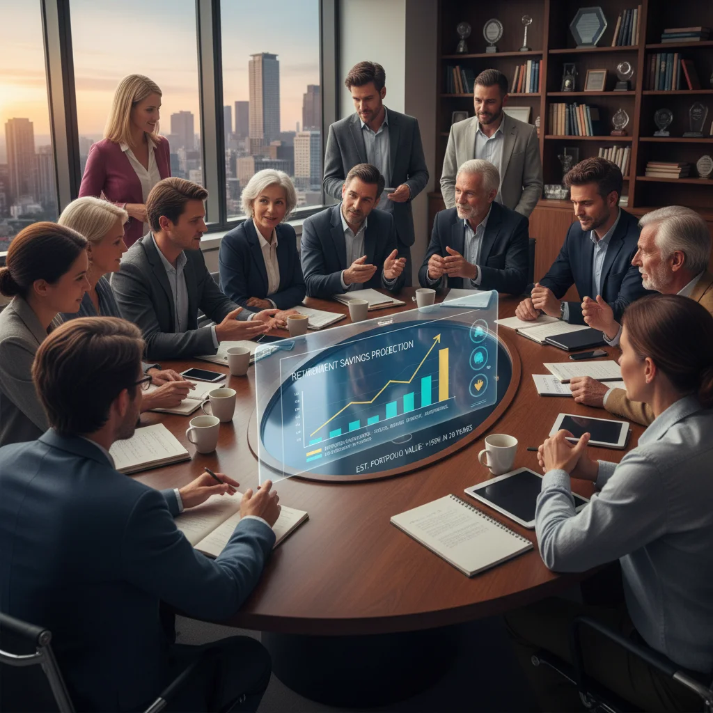 Diverse investors discussing long-term financial planning and diversified portfolios.