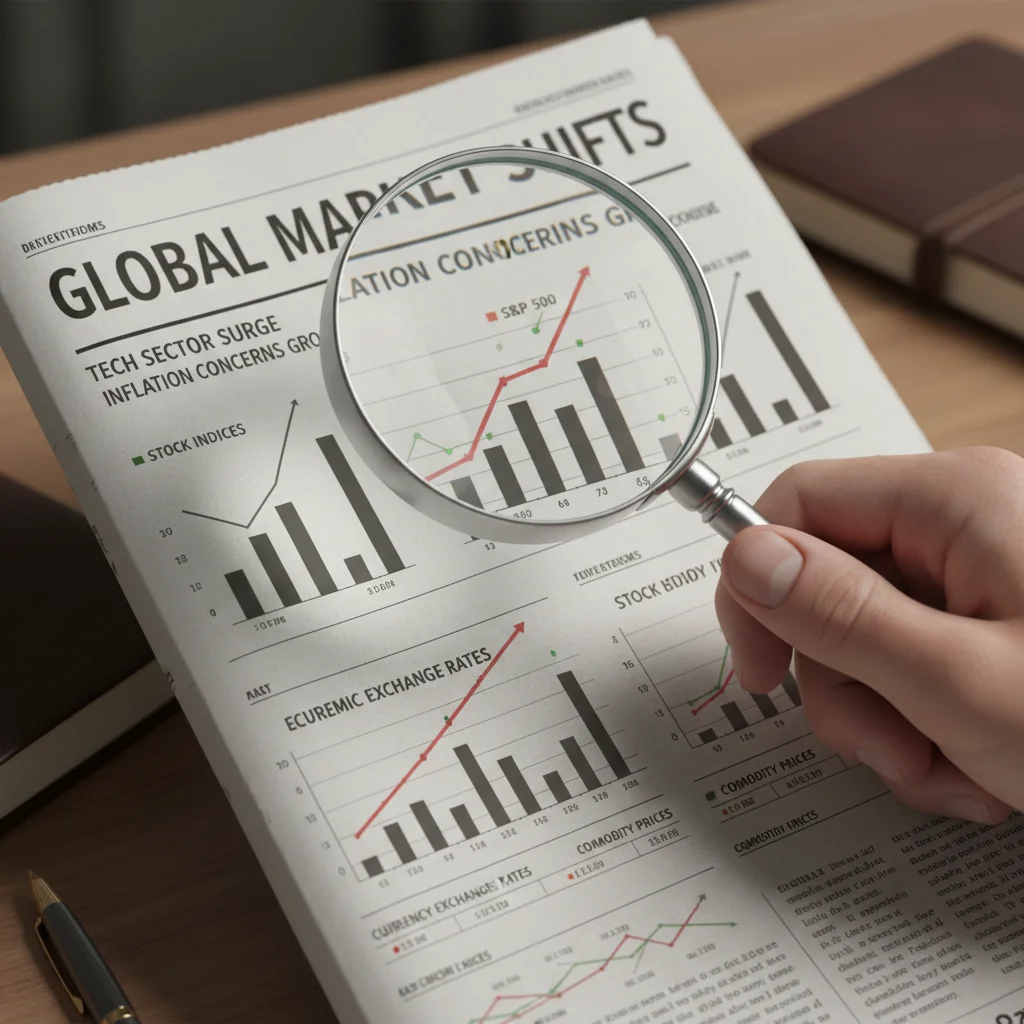 Hand with magnifying glass over financial newspaper indicating market analysis.