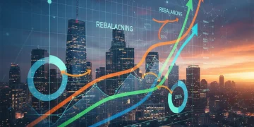 Dynamic financial charts showing growth and strategic portfolio rebalancing in a volatile US market.