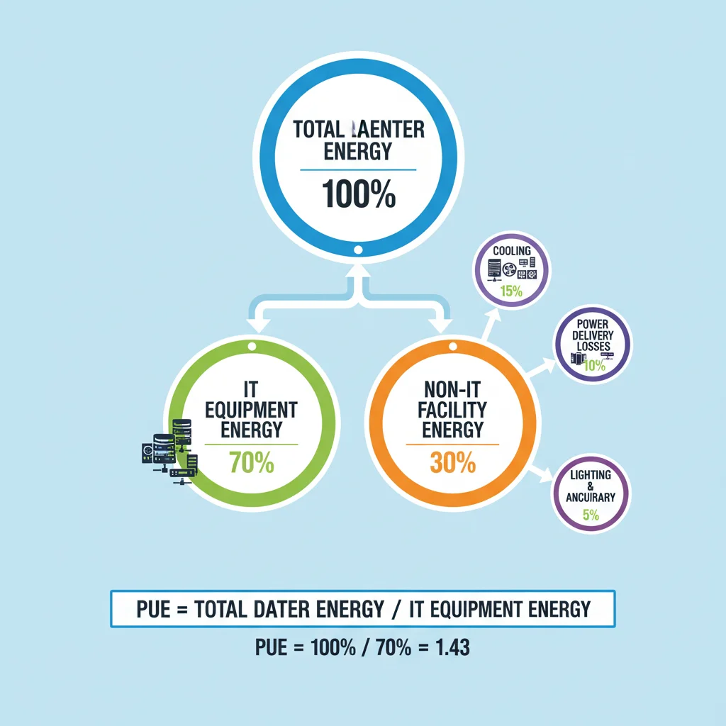 Power Usage Effectiveness (PUE) diagram, detailing energy consumption breakdown in a data center for efficiency analysis.
