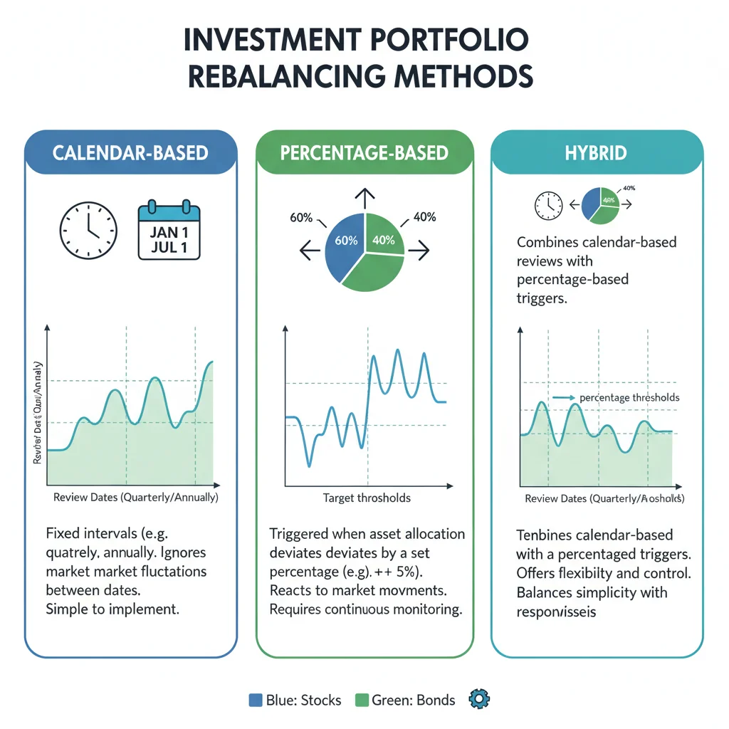 Infographic detailing various portfolio rebalancing methods and their practical applications.