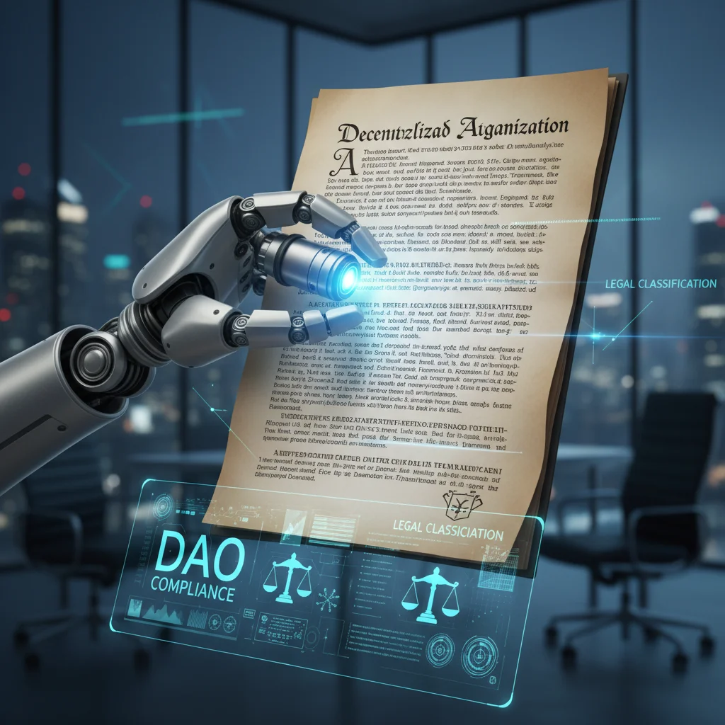 Robotic arm analyzing legal documents for DAO compliance