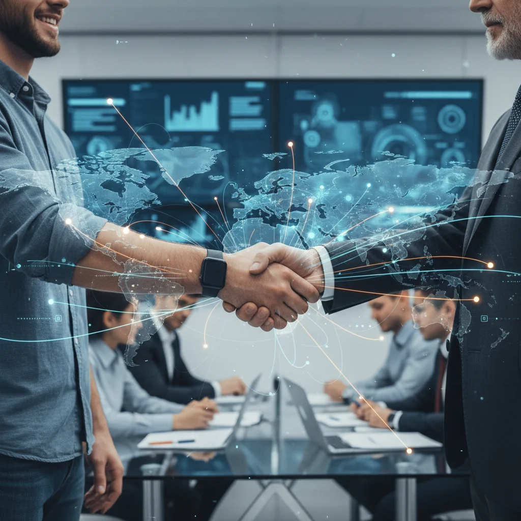 Startup founder and venture capitalist shaking hands, symbolizing strategic partnerships and investment deals.