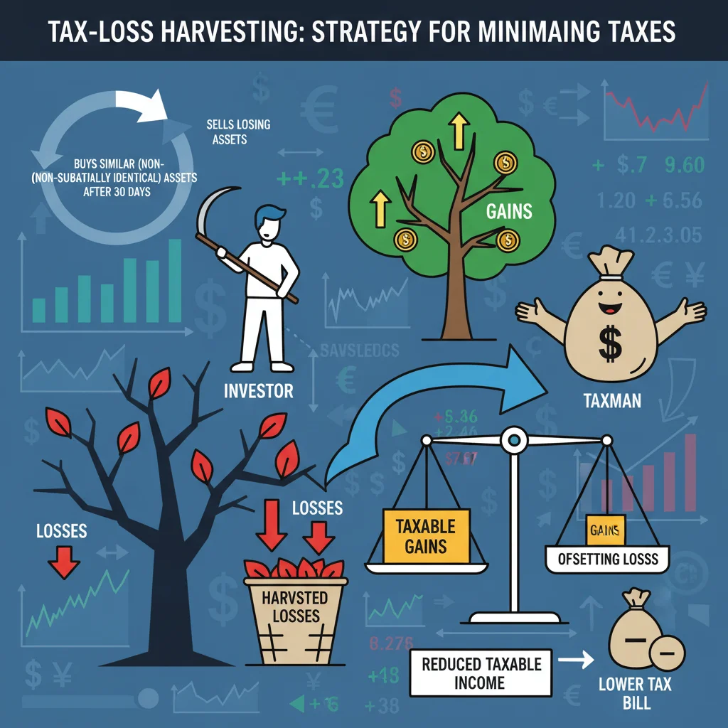 Infographic demonstrating tax-loss harvesting strategy for investment portfolio optimization.