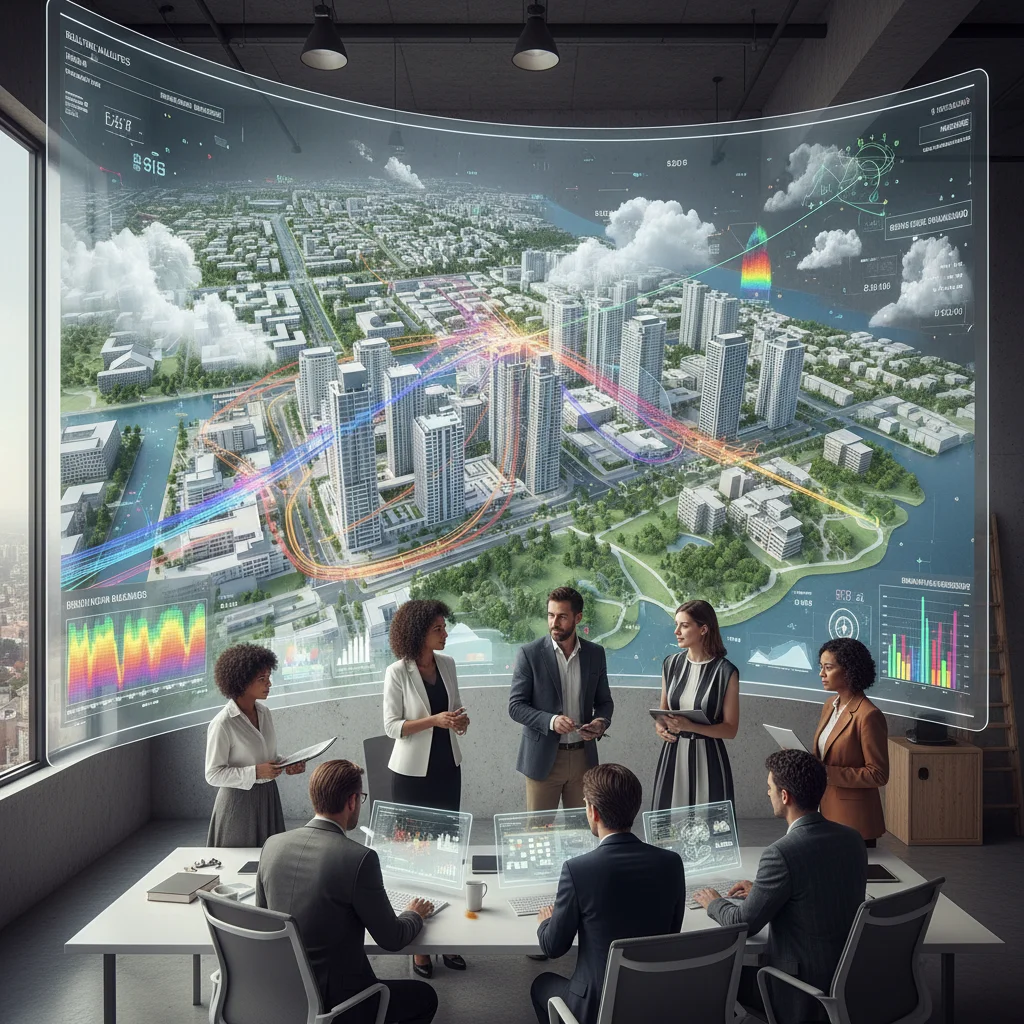 Urban planners analyzing city digital twin data