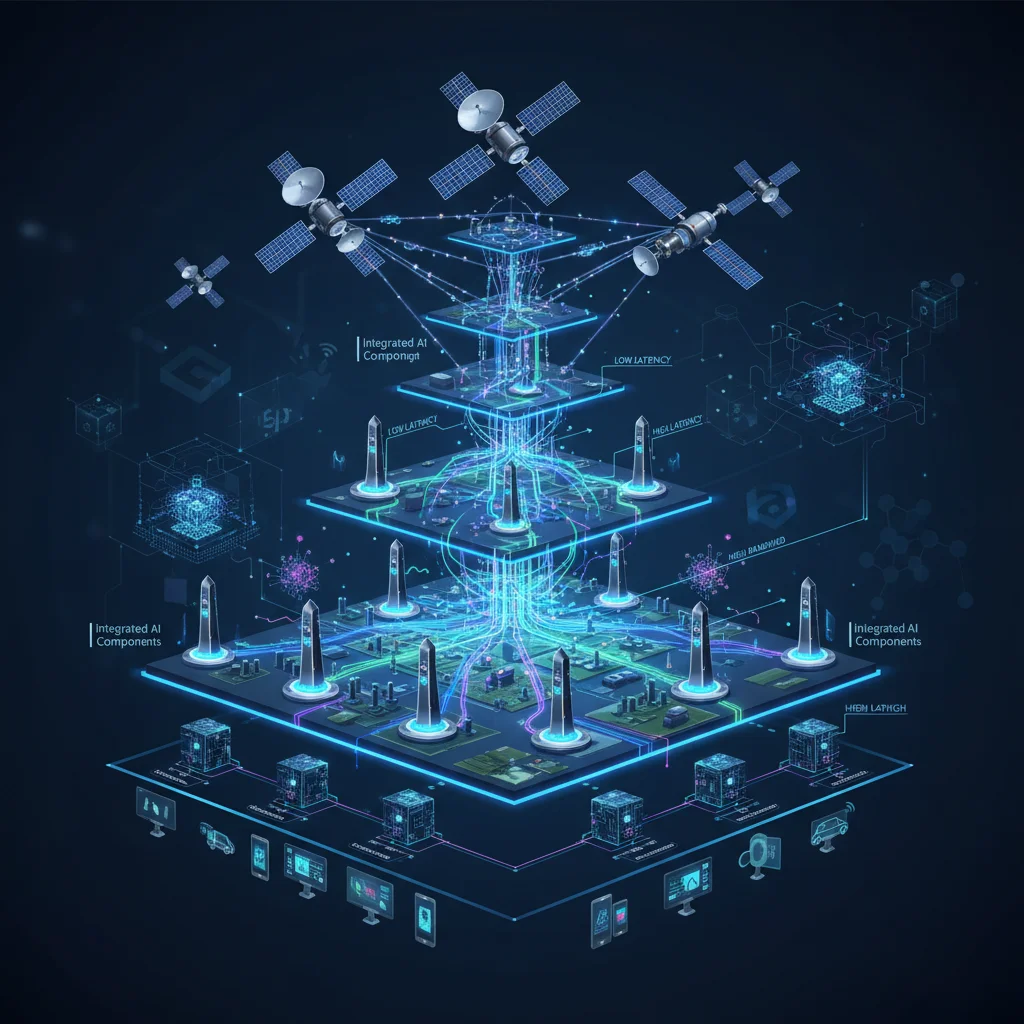 Diagram of 6G network architecture showing satellite, terrestrial, edge computing, and AI integration for future US telecom.