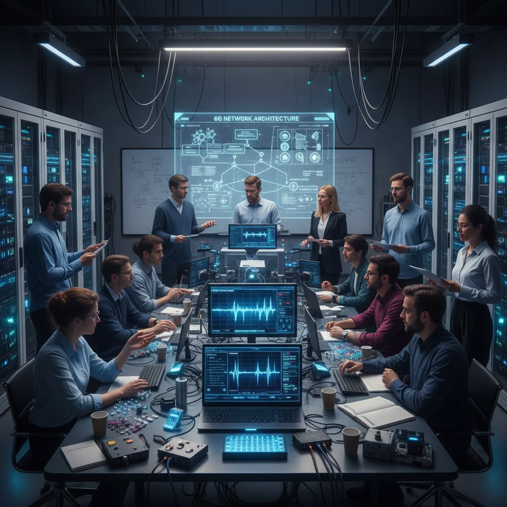 Researchers and engineers collaborating in a lab on 6G technology development, with advanced equipment and AI focus.