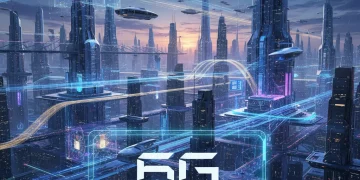 Futuristic cityscape with glowing data streams representing 6G telecommunications infrastructure in the US by 2030.