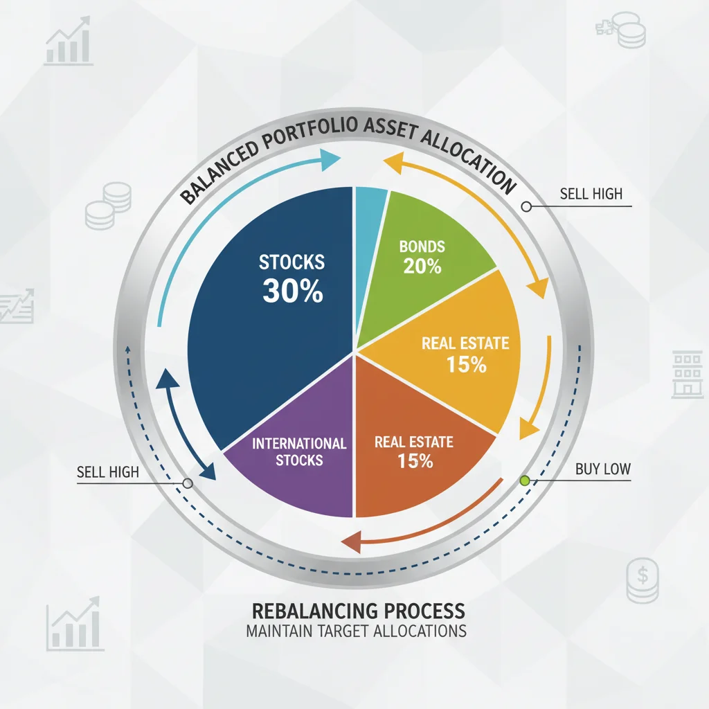 Infographic displaying a balanced asset allocation pie chart with various investment categories and rebalancing concept.