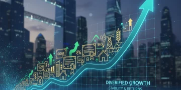 Diverse investment assets converging into a stable growth chart, symbolizing a diversified investment portfolio.