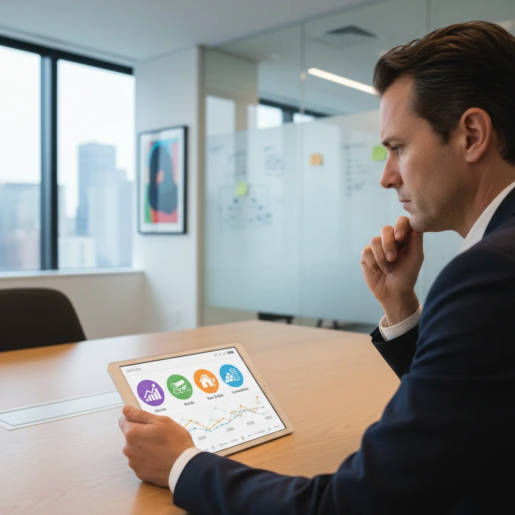 Person reviewing a diversified investment portfolio on a tablet.