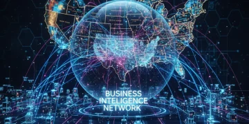 Futuristic network of IoT devices feeding data into a central analytics platform with a U.S. map backdrop.