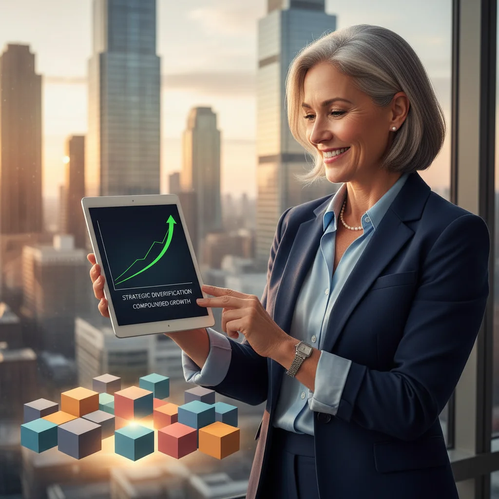 Confident investor reviewing a positive financial graph on a tablet, symbolizing long-term investment success through diversification.